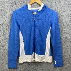 Saucony Womens Blue/White Fitted Running Jacket Hood Thumb Holes Small EUC